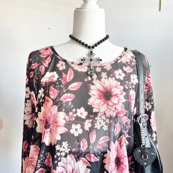 Black Floral Mesh Top, Coquette, Fairy Grunge, Y2K Inspired,‎ 2X, Boho, Romantic - Picture 2 of 4